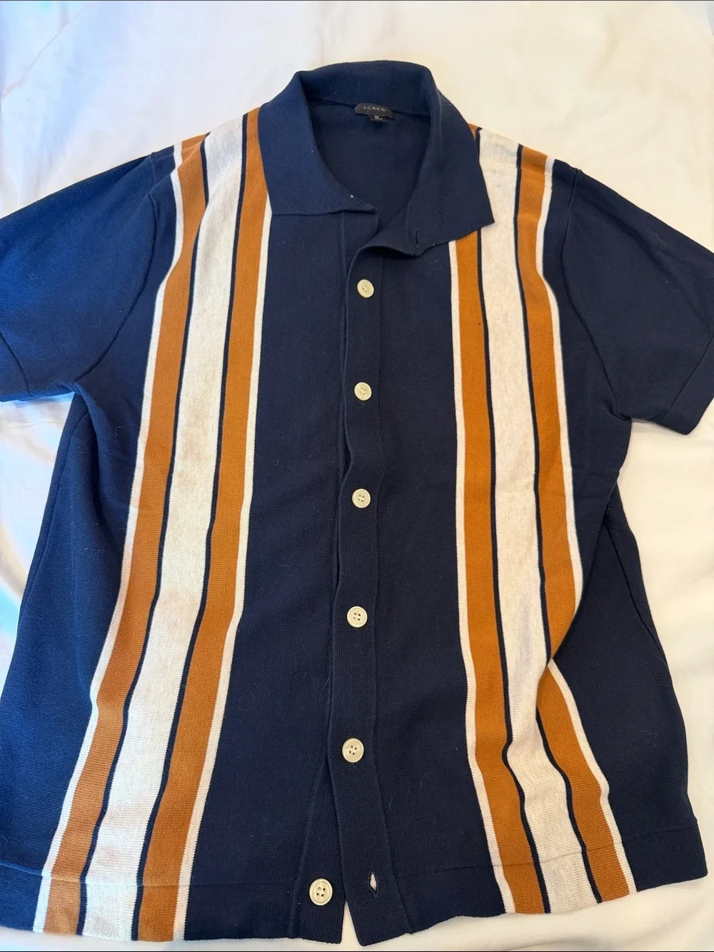 J. Crew Navy Button-Down Shirt with Brown and White Vertical Stripes